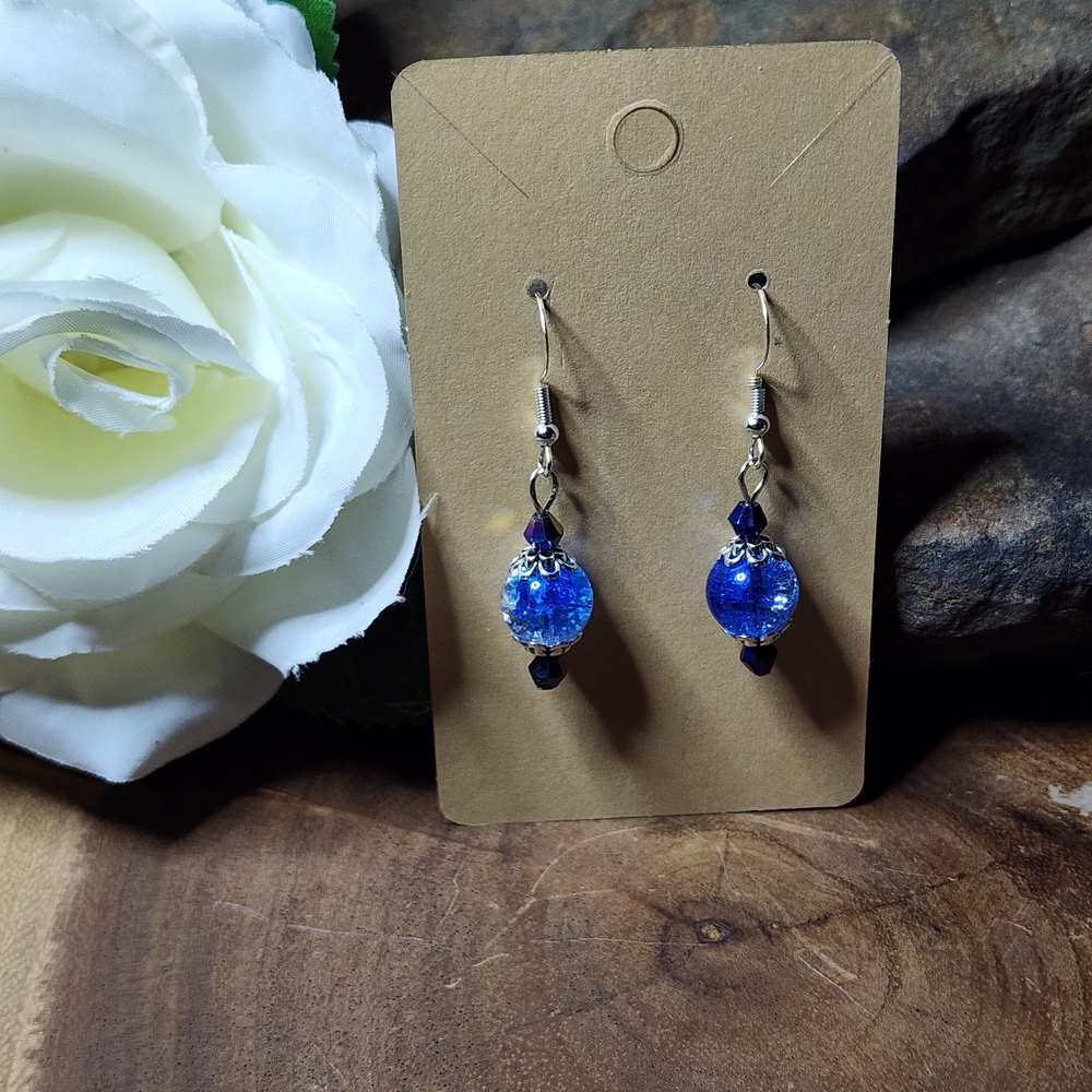 Hand Crafted Dangle Earrings With Blue & Clear Crackled Glass Beads